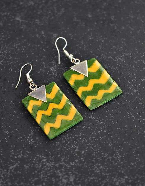 Flat Pendant Earrings ( Green & Yellow )